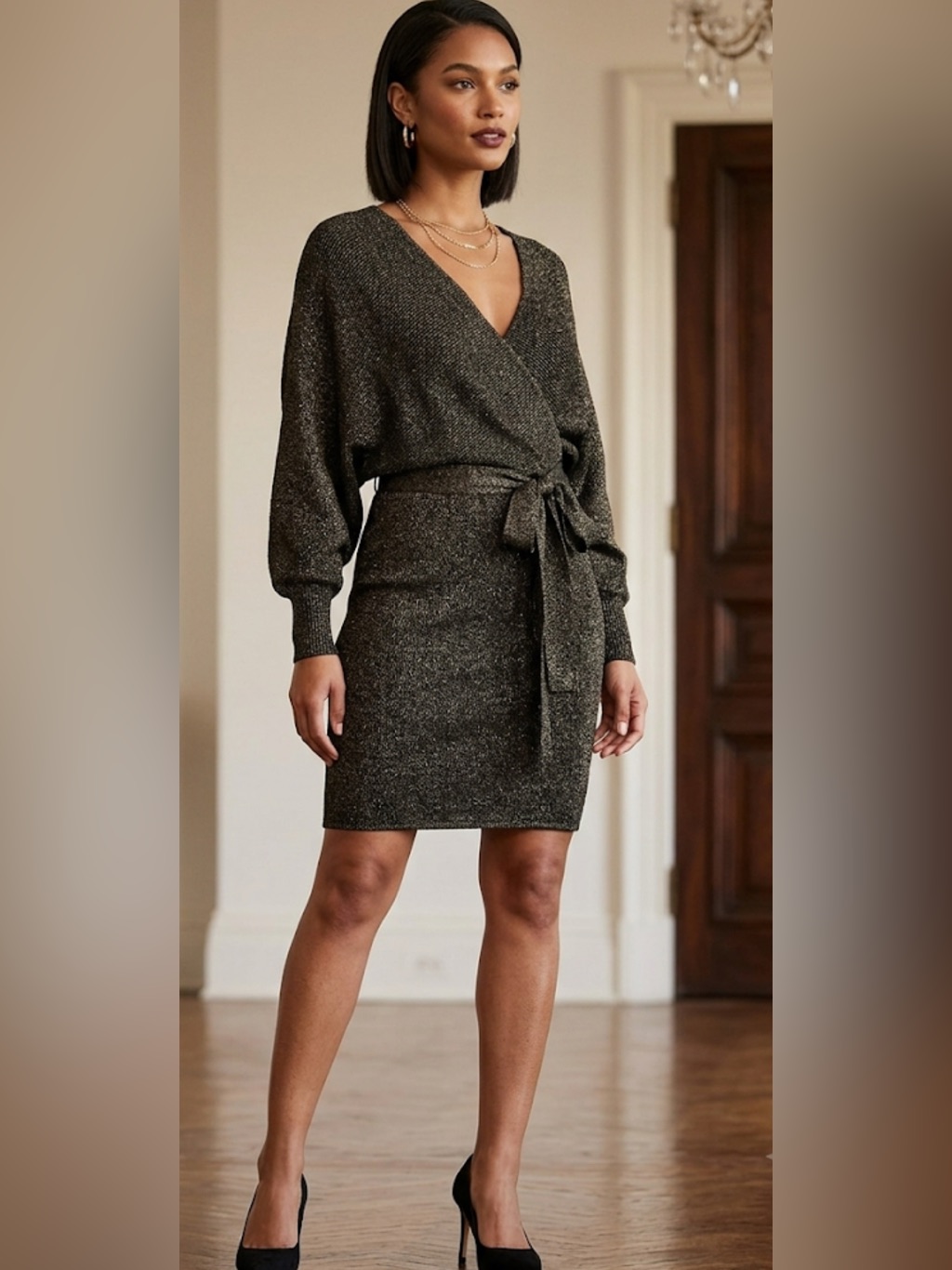 Gianni Bini Metallic Knit Wrap Sweater Dress With Batwing Sleeves & Tie Belt